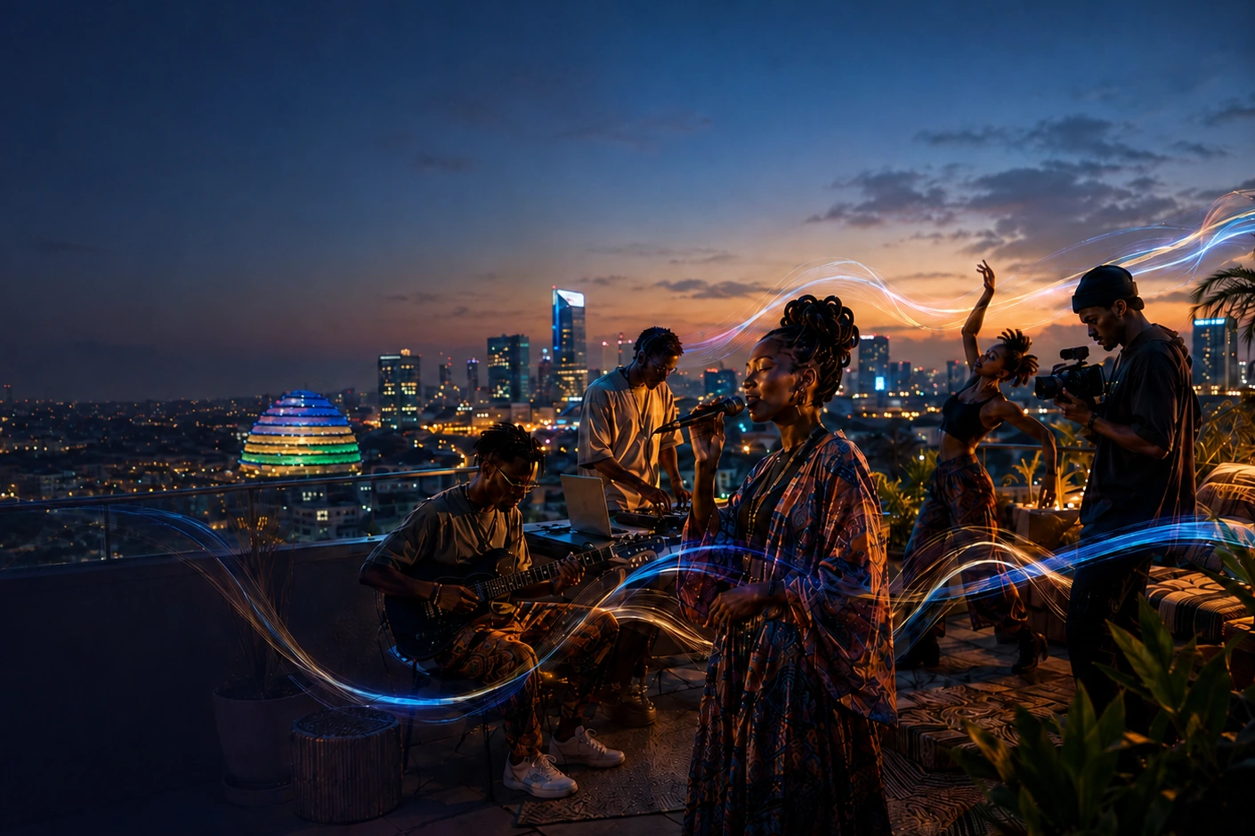 Woman singing with musicians and a camera operator on a rooftop.